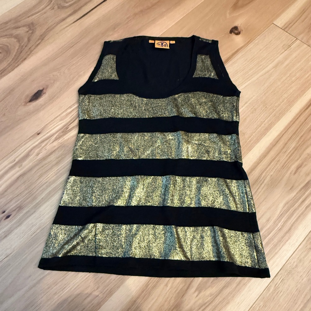 Tory Burch Tank SZ S Gold Black Metallic Striped Scoop Neck Luxury Linen/Viscose